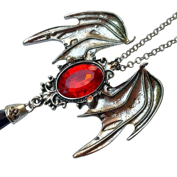 Witchy Gothic Bat Necklace Vampire Red Crystal Pendant Halloween Cosplay - Picture 4 of 10